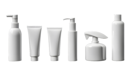 A set of different white cosmetic bottles and jars isolated on transparent background