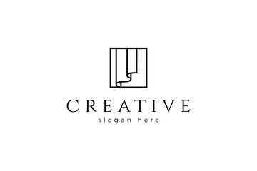 Curtain logo in box frame with minimalist line art vector design style