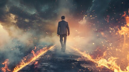 Fototapeta premium Determined businessman leaving fire trails on asphalt Mixed media : Generative AI