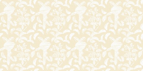 Modern white on cream lace effect wedding border texture. Soft tonal linen openwork block print with subtle hand drawn lattice damask printed fabric banner edge trim. 