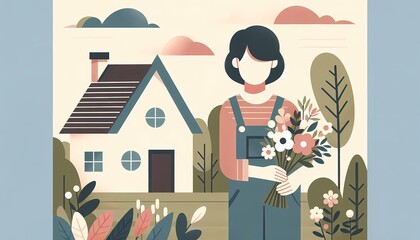 Woman with Flowers by House

