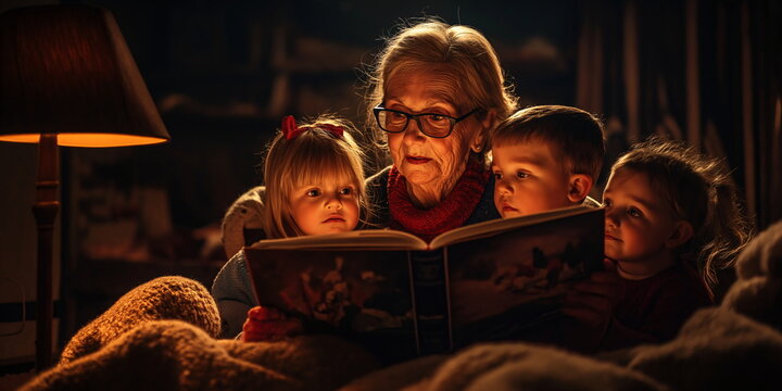 A grandmother reading a bedtime story to her grandchildren under a warm blanket