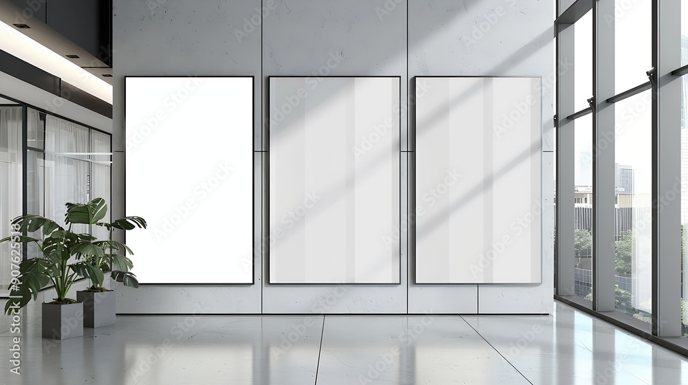 Aufkleber triple vertical digital poster mockup background in sleek modern interior blank white showcase scree