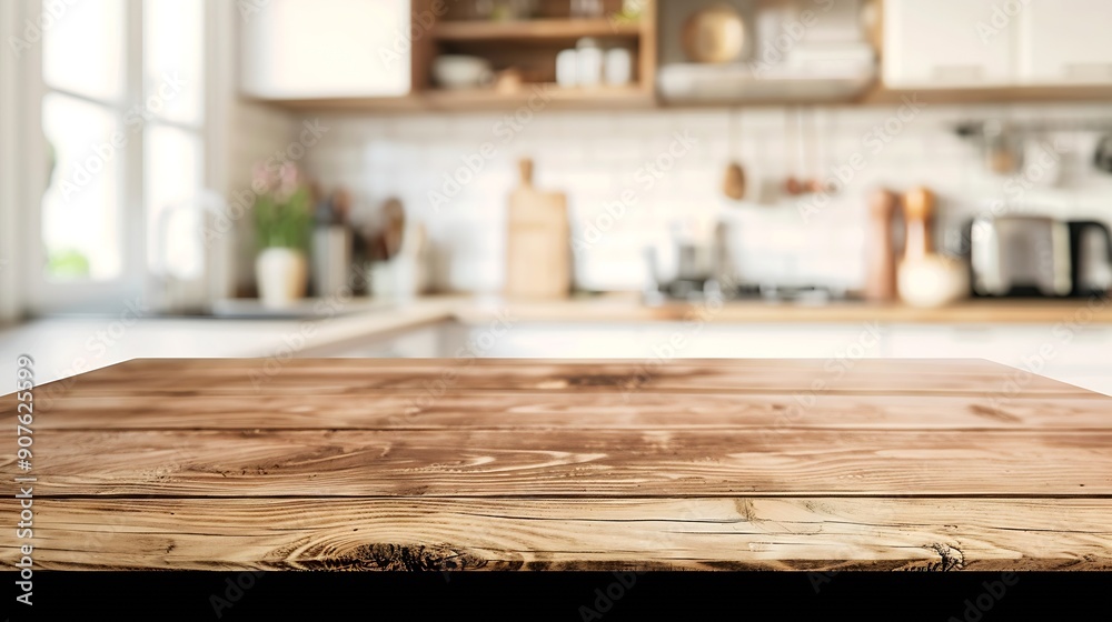 Poster wood table top on blurred kitchen background can be used mock up for montage products display or des