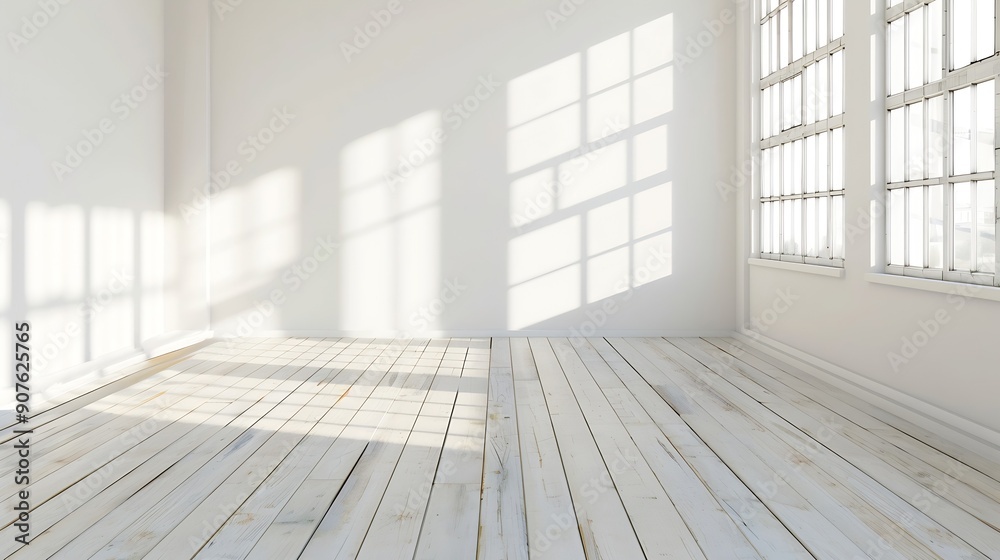 Poster white empty room with wooden floor and window with sunlight room studio interior design background :