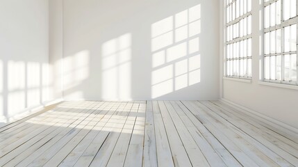 white empty room with wooden floor and window with sunlight room studio interior design background : Generative AI