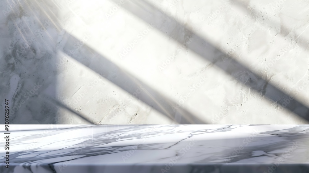 Aufkleber marble table with white stucco wall texture background with light beam and shadow suitable for produ