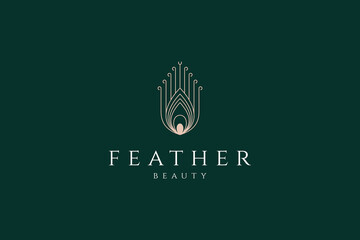 Beautiful peacock feather logo with gold luxury line art design style