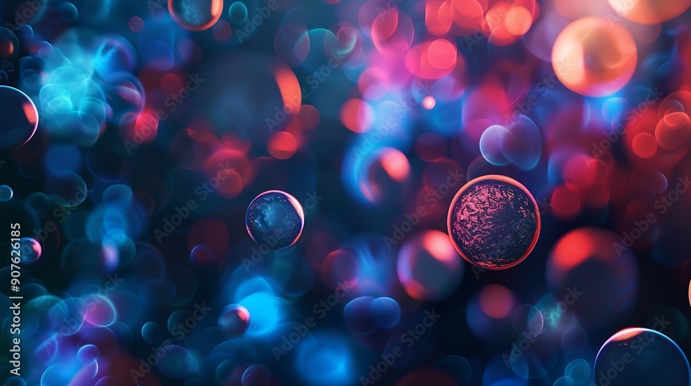 Fototapete Closeup of abstract background with round shaped cells of vaccine of different sizes illuminated by colorful light : Generative AI