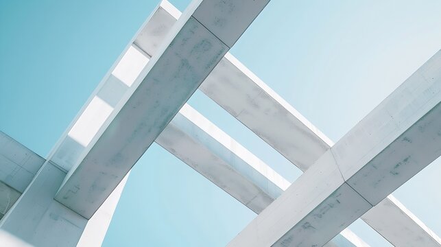 abstract concrete architecture detail Geometric fragment of a modern structure building white beams against a light blue sky minimal design contemporay and minimalist photography angul : Generative AI