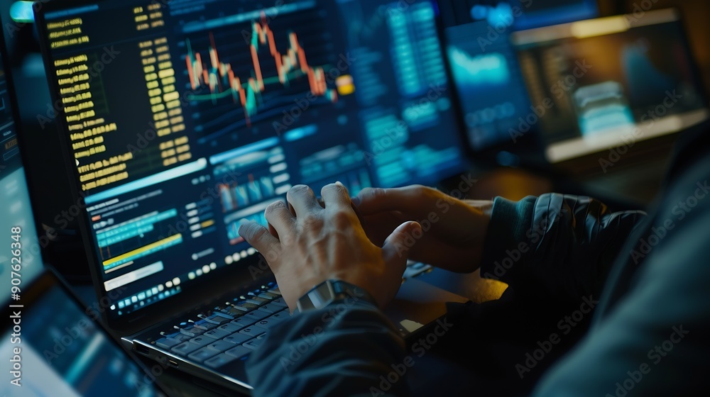 Poster Hand of trader checking stock market data on screen : Generative AI