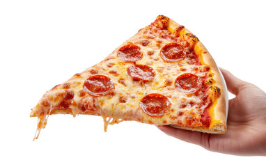 A hand lifting a slice of pepperoni pizza with hot, stretched cheese, served on a ceramic pizza plate. The melted cheese and pepperoni slices highlight the pizza's delicious and appetizing appearance.