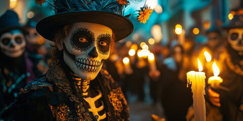 A person wearing intricate skull makeup and traditional attire participates in a Day of the Dead celebration. Traditional Mexican carnival, Santa Muerte concept for banner or greeting card