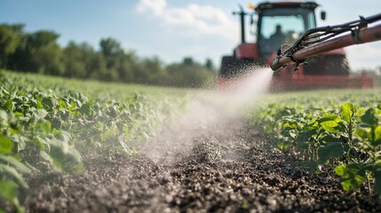 Nozzle of the tractor sprayer in action during soybean spraying