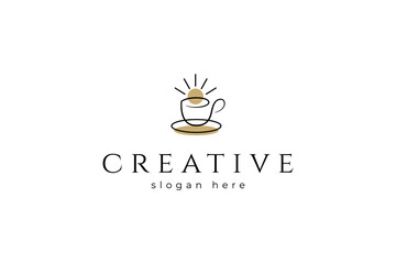 Coffee logo with sunrise in simple linear design style
