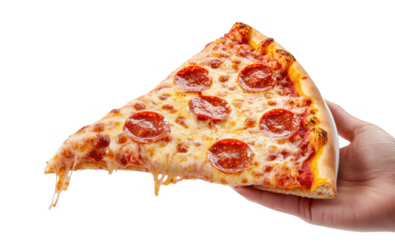 A hand lifting a slice of pepperoni pizza with hot, stretched cheese, served on a ceramic pizza plate. The melted cheese and pepperoni slices highlight the pizza's delicious and appetizing appearance.