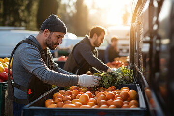 Farmer sorting fresh tomatoes at sunset market stall, local produce and sustainable agriculture concept highlighting farm-to-table movement