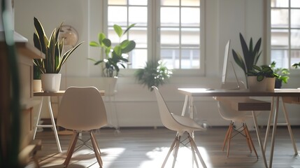 Fototapeta premium Shot of light cozy office interior in modern minimalistic style with working desks and plants copy space : Generative AI