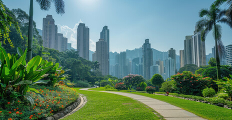 A beautifully landscaped urban park with lush greenery, flowers, and a winding path, set against a skyline of tall skyscrapers.