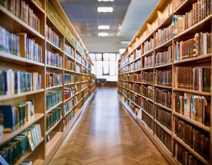 Obraz premium Library featuring rows of books, reading spaces, and educational resources representing knowledge, learning, and research.