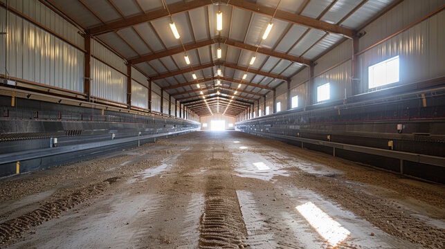 An empty, spacious chicken coop with bright lighting and clean, organized interior ready for new poultry.