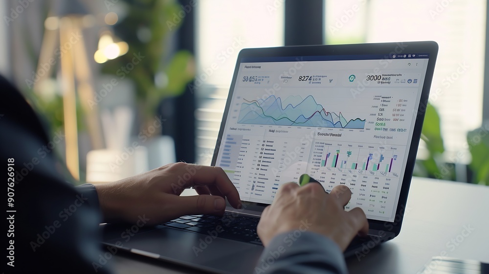 Aufkleber businessman works on laptop showing 2024 business trends dashboard with charts metrics ai ecommerce 