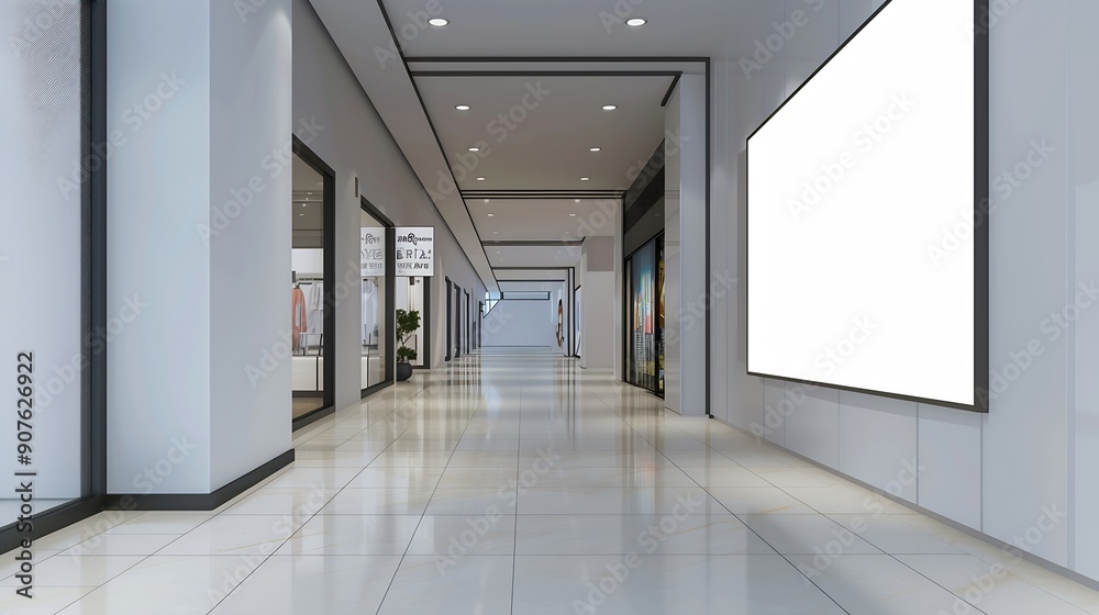 Poster mockup perspective white horizontal blank billboard on the wall of shop near corridor in shopping ma