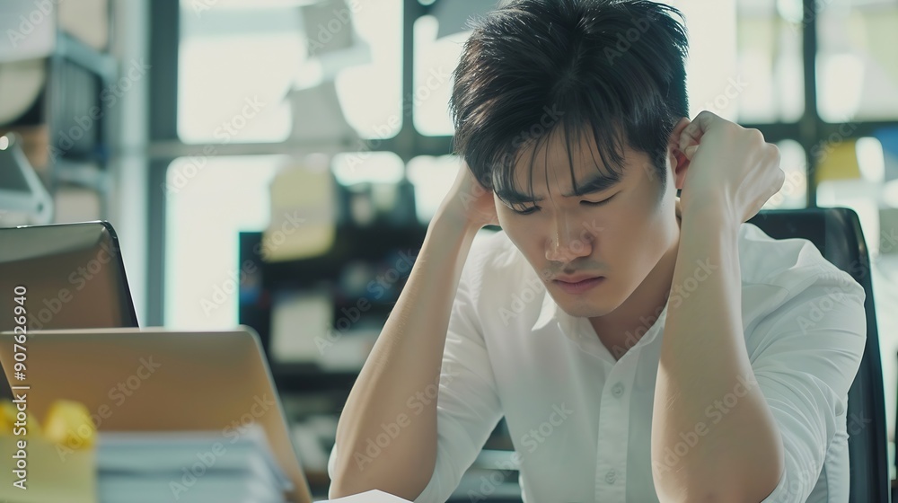 Poster frustrated asian young businessman worker working on table in office busy employee worker people fee