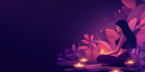 Woman in meditation pose with floating candle, spa promotions or holistic healing centers, banner with copy space