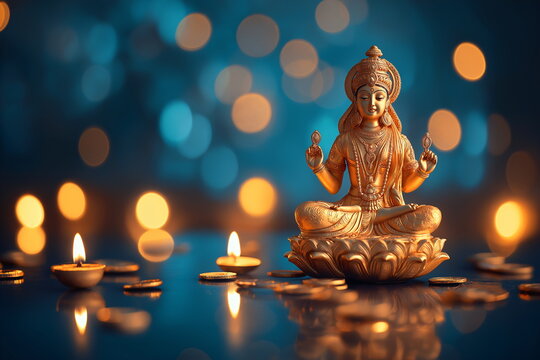 Illuminated golden Lakshmi statue with glowing candles, Hindu goddess of wealth and prosperity for Diwali celebration