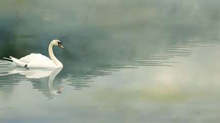 Obraz premium Serene Swan's Reflection: A majestic swan glides through tranquil waters, its elegance mirrored in the water's surface. This captivating image evokes a sense of tranquility and grace. 