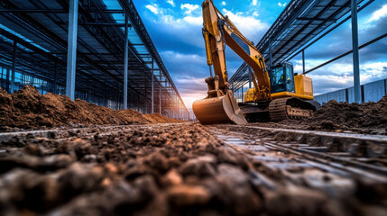 A yellow construction vehicle is digging into the ground. Concept of hard work and progress, as the machine is being used to dig and move dirt. Scene is one of industriousness and determination