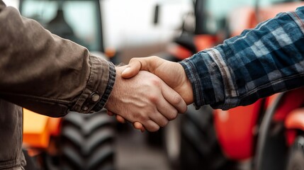 Purchasing a new tractor agricultural machine Closeup view of a buyer and dealer shaking hands at a tractor dealership