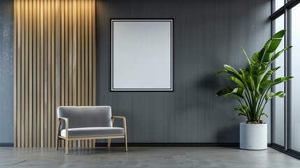 Modern Office Mock-Up with Empty Horizontal Picture Frame and Chair in Waiting Room