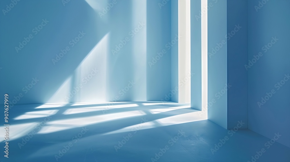 Poster Minimalistic simple abstract light blue background for product presentation Shadow and light from windows on wall : Generative AI