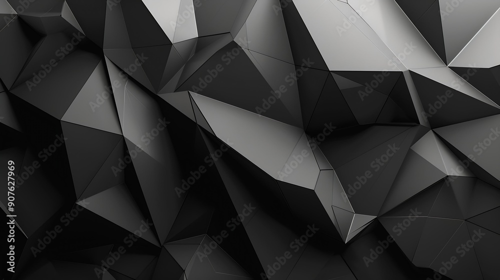 Fototapete Black white abstract background Geometric shape Lines triangles 3d effect Light glow shadow Gradient Dark grey silver Modern futuristic : Generative AI
