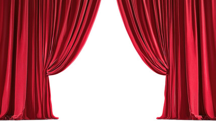 A striking image of open red theater curtains cut out transparent isolated on white background PNG