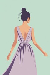 Fototapeta premium Minimalism illustration, a European woman, wearing an elegant lavender dress with a cinched waist, standing with arms slightly extended, elegant fashion, boho, flat illustration on cool mint 