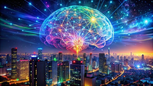Vibrant cityscape serves as backdrop for futuristic brain hologram, swirling with colorful ideas and glowing neural connections, epitomizing innovative thinkers and creative visionaries.
