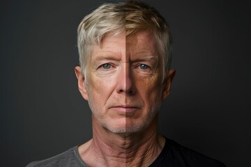 Obraz premium The man's face is split into two, one with a beard and the other without
