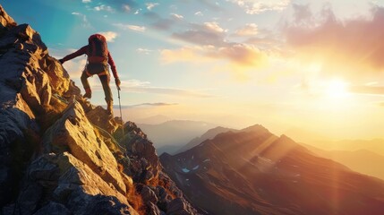 Fototapeta premium Mountain climber reaching for the peak in early morning