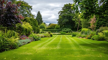 Fototapeta premium Scenic view of a beautiful English Style landscape garden with a freshly mowed grass Lawn green leafy plants and colourful flower bed garden themed photograph in colour : Generative AI