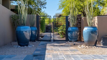 phoenix arizona front landscaping modern residential home charming gate entrance decor plants in tall blue ceramic pots : Generative AI