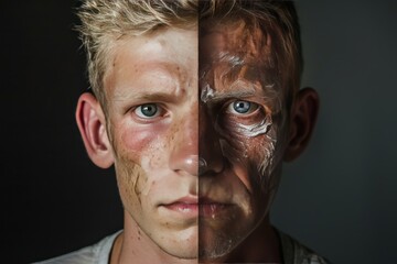 Two faces, one with a pale complexion and the other with a darker skin tone