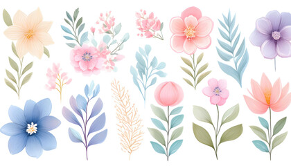set of watercolor pastel flower decoration on wedding table with flowers 