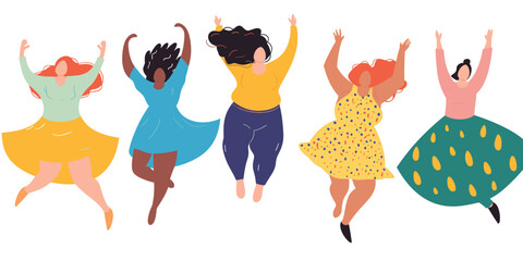 Naklejka premium Curvy women celebration dance joyfully. Diverse plussize females smiling, colorful dresses, raising hands. Body positivity fashion design inspiration