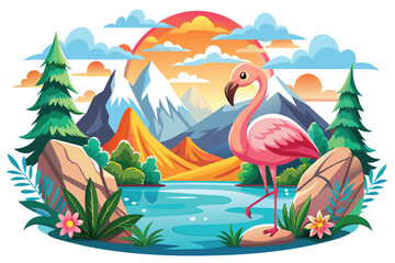 Obraz premium Flamingo in Scenic Mountain Lake Illustration