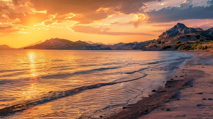 Lemnos Island Greece beach sunset Aegean Sea golden hour coastal paradise Mediterranean islands Greek islands picturesque tranquil serene idyllic horizon orange sky vibrant colors : Generative AI