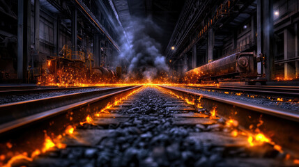 Obraz premium A train track with a fire burning on it. The fire is orange and yellow