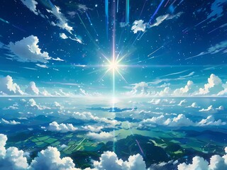 ゲーム背景　雲の上に広がるエネルギーの一直線の光が見せる朝焼けの風景